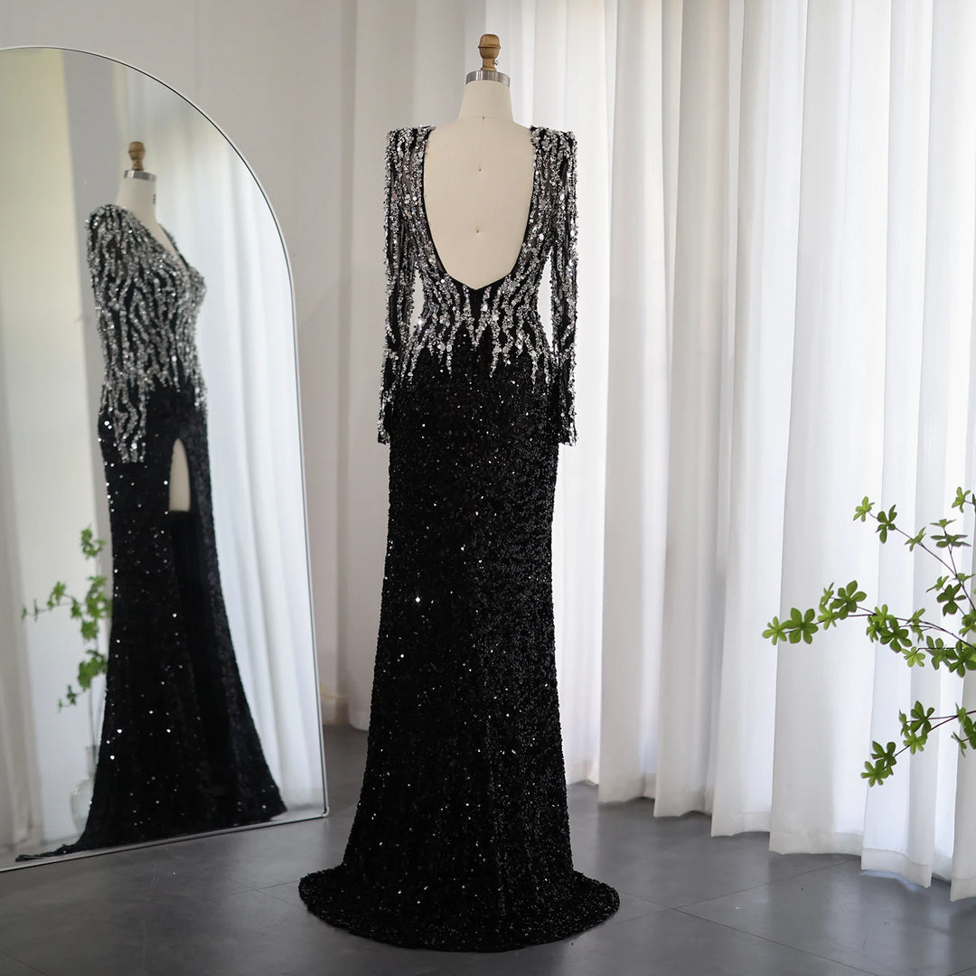 Dreamy Vow Luxury Black Mermaid Dubai Evening Dresses 2023 Elegant V-Neck Long Sleeves Arabic Women Formal Party Gowns SS250