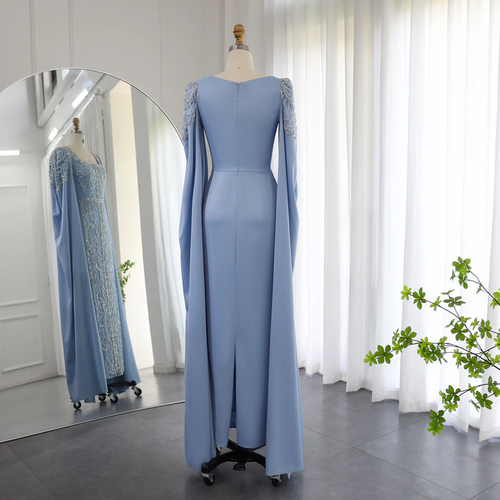 Dreamy Vow Luxury Dubai Blue Mermaid Muslim Evening Dresses with Cape Sleeves Arabic Women Wedding Engagement Party Gowns 365