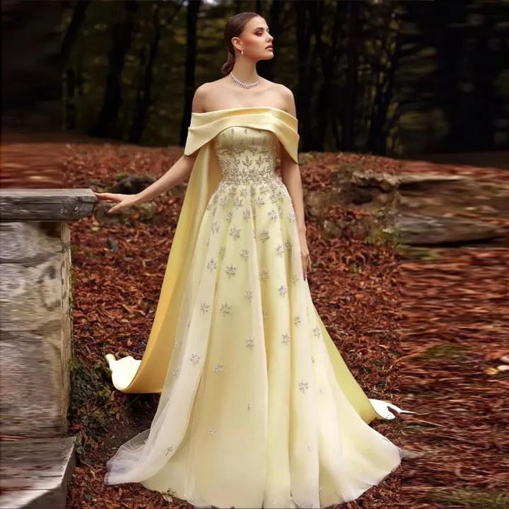 فستان سهرة فاخر من الساتان العربي الأصفر من Dreamy Vow مع كيب 2024 أنيق بدون أكتاف للنساء لحفلات الزفاف SS455