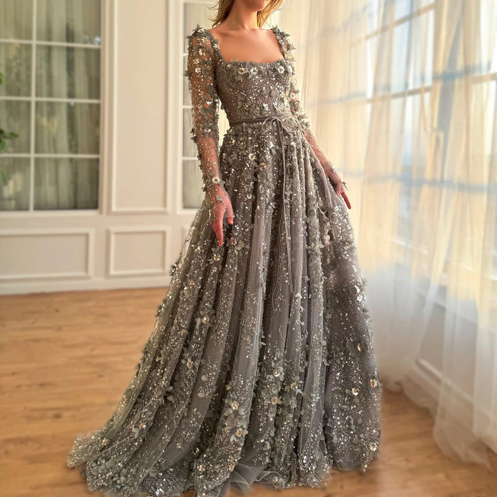 Dreamy Vow Luxury 3D Flower Gray Long Sleeves Evening Dresses for Women Wedding Party Elegant Arabic A-line Formal Gowns SS353