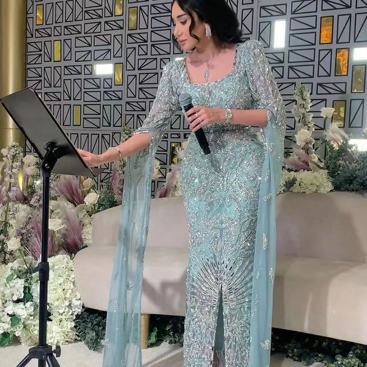 Dreamy Vow Luxury Arabic Turquoise Evening Dress with Cape Sleeves Elegant Sqaure Neck Dubai Women Wedding Party Gowns SS469