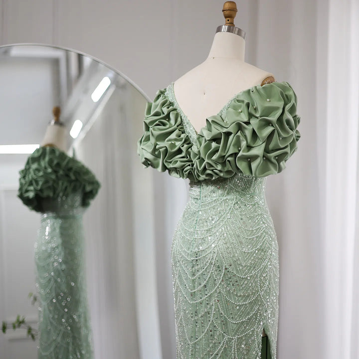 Dreamy Vow Elegant Off Shoulder Mermaid Sage Green Evening Dresses Luxury Dubai Women Arabic Champagne Wedding Party Gown SS288