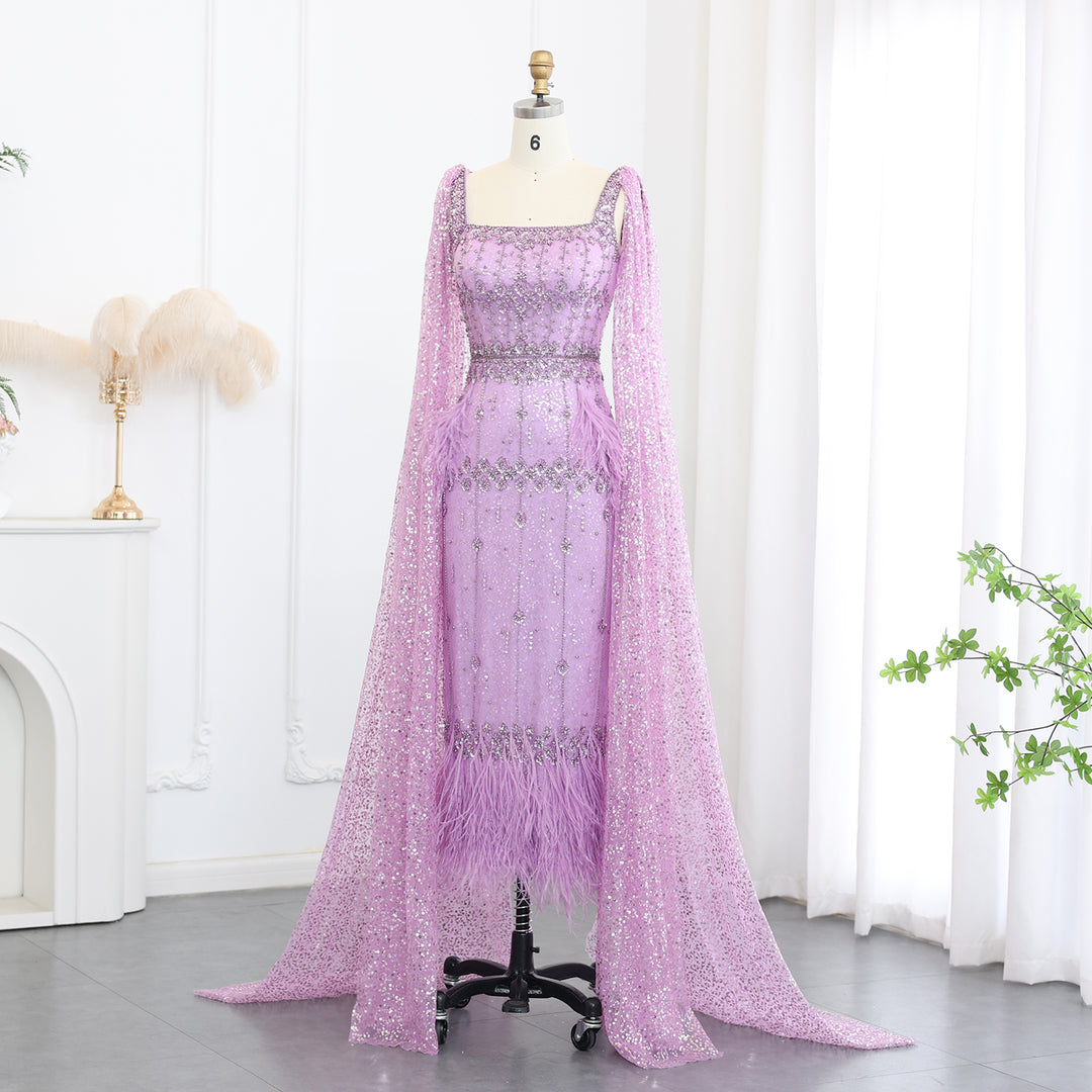 Dreamy Vow Bling Gray Mermaid Arabic Evening Dress with Cape Luxury Feather Dubai Formal Dresses for Women Wedding Party SS279