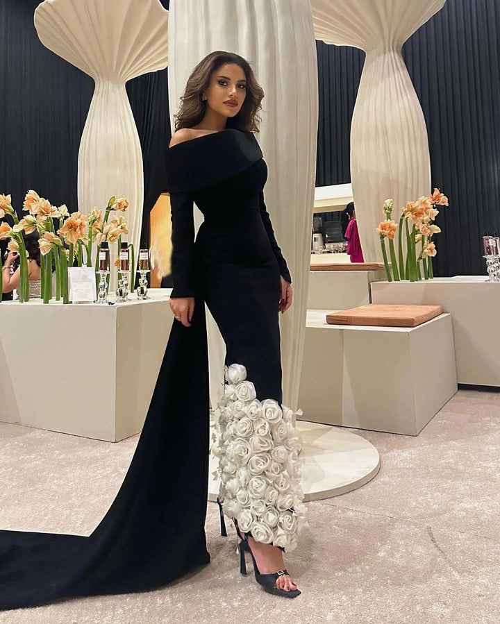 Dreamy Vow Elegant One Shoulder 3D Flowers Feathers Black Evening Dress Long Sleeves Arabic Women Mermaid Formal Party Gowns SS488