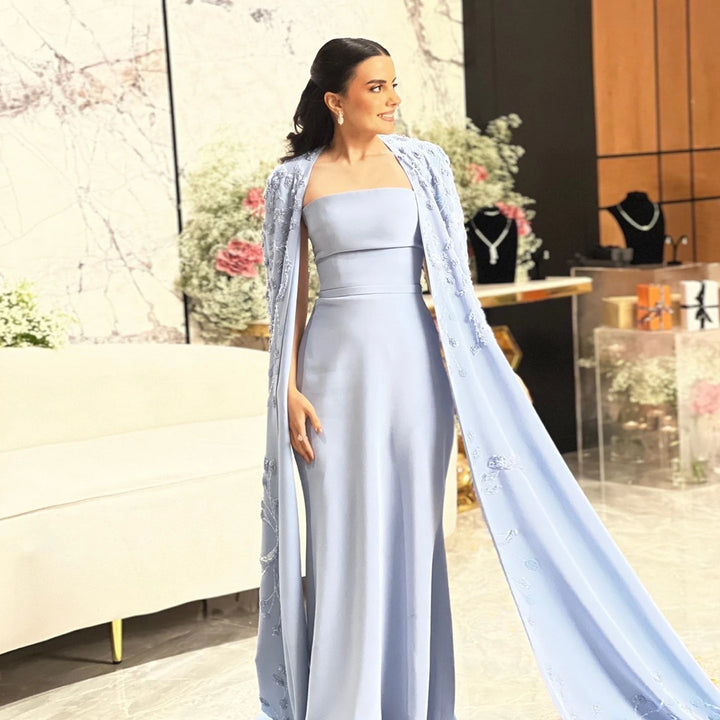 Dreamy Vow Arabic Blue Mermaid Evening Dress with Cape Sleeves 2024 Luxury Beaded Dubai Women Wedding Guest Party Gowns SS407