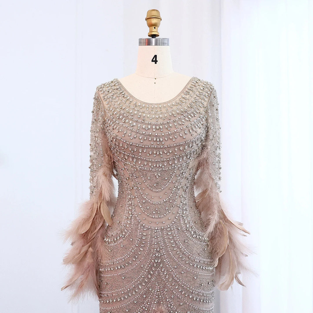 Luxury Feather Nude Long Sleeves Elegant Mermaid Evening Dress SS076