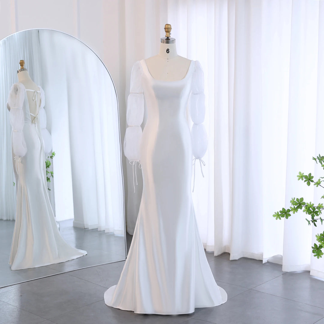 Dreamy Vow Elegant Off White Mermaid Evening Dress with Puff Sleeves Dubai Luxury Arabic Women Wedding Dresses Party Gows SF021