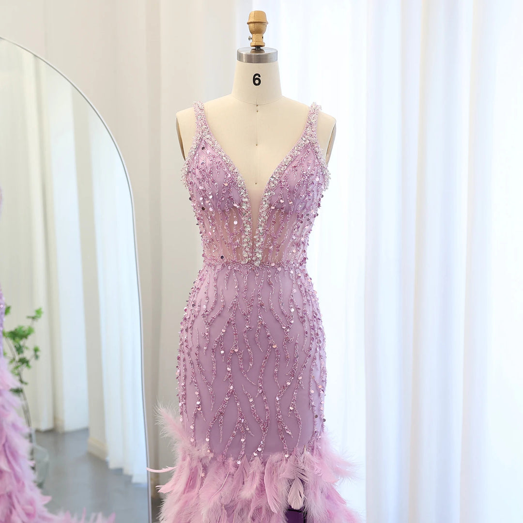 Dreamy Vow Luxury Feathers Pink Mermaid Evening Dresses for Women Wedding V-Neck Blue Side Slit Long Prom Party Dress SS184