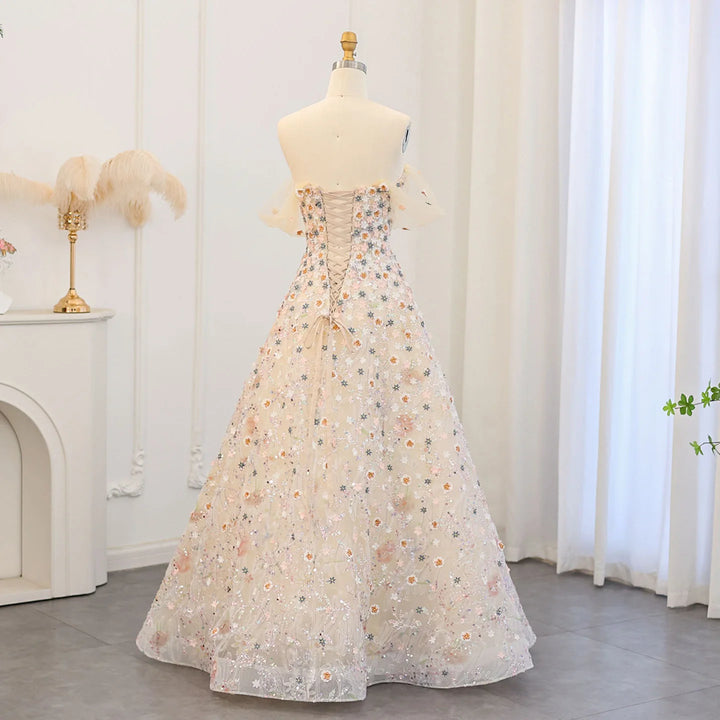 Dreamy Vow Luxury 3D Flowers Champagne Evening Dresses 2024 Elegant Off Shoulder Formal Dress for Women Wedding Party SS505