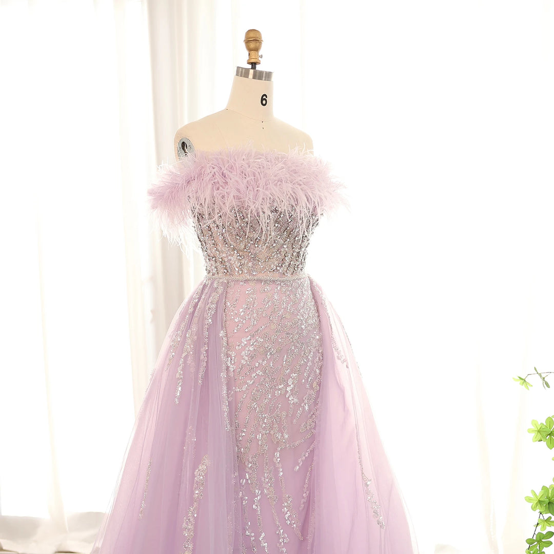 Dreamy Vow Luxury Dubai Feathers Lilac Evening Dress with Overskirt Side Slit Arabic Blue Green Women Wedding Party Gowns SS252