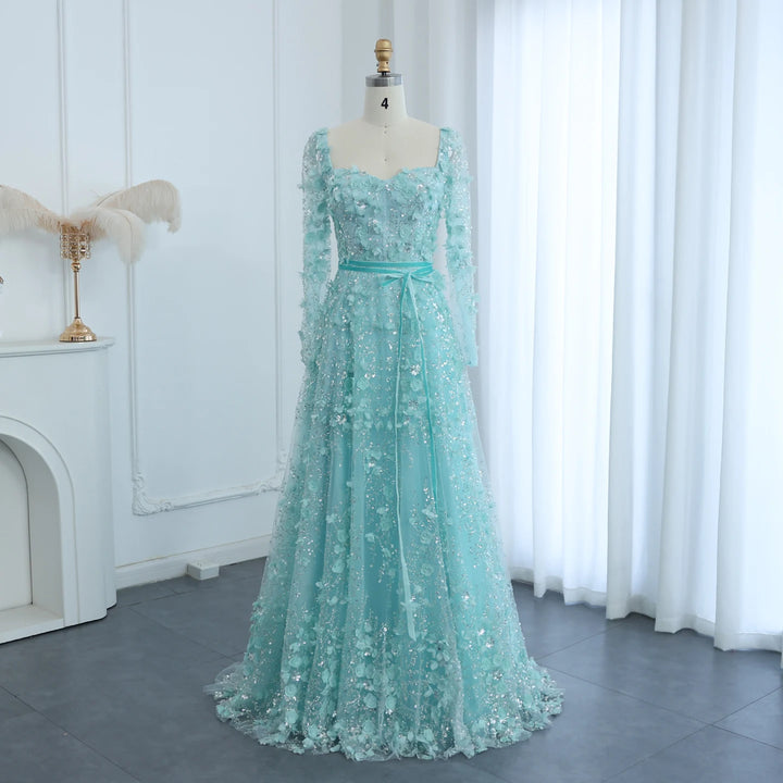 Dreamy Vow Luxury 3D Flower Gray Long Sleeves Evening Dresses for Women Wedding Party Elegant Arabic A-line Formal Gowns SS353