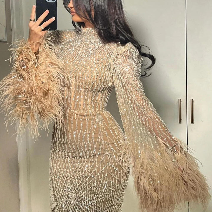 Dreamy Vow Luxury Dubai Feathers Nude Evening Dresses Long Sleeves Elegant High Neck Arabic Wedding Formal Party Gowns SS227