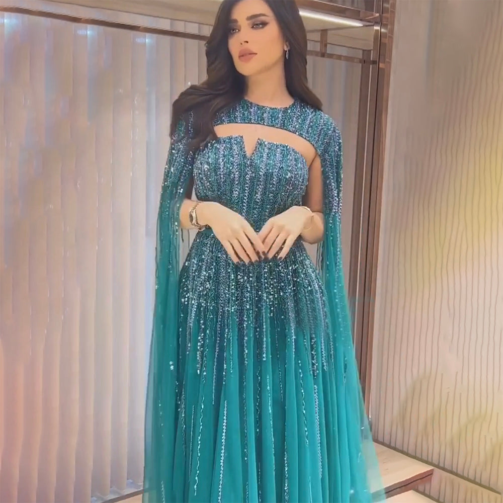 Dreamy Vow Luxury Dubai Fuchsia Evening Dress with Cape Sleeves 2024 Emerald Green Arabic Women Wedding Party Dresses SS386