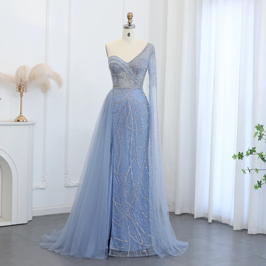 Dreamy Vow Luxury Mermaid One Shoulder Sage Green Evening Dress with Cape Sleeves Plus Size Women Blue Wedding Party Gown SS054