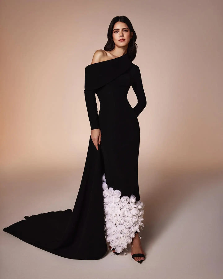 Dreamy Vow Elegant One Shoulder 3D Flowers Feathers Black Evening Dress Long Sleeves Arabic Women Mermaid Formal Party Gowns SS488