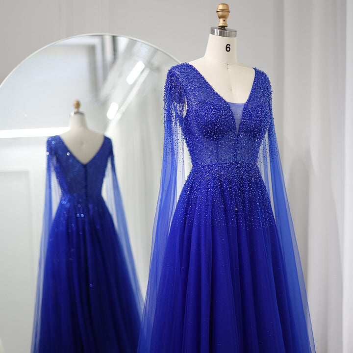Dreamy Vow Royal Blue Luxury Dubai Evening Dress with Cape Sleeves Elegant Pink V-Neck Purple Women Wedding Party Gowns 012