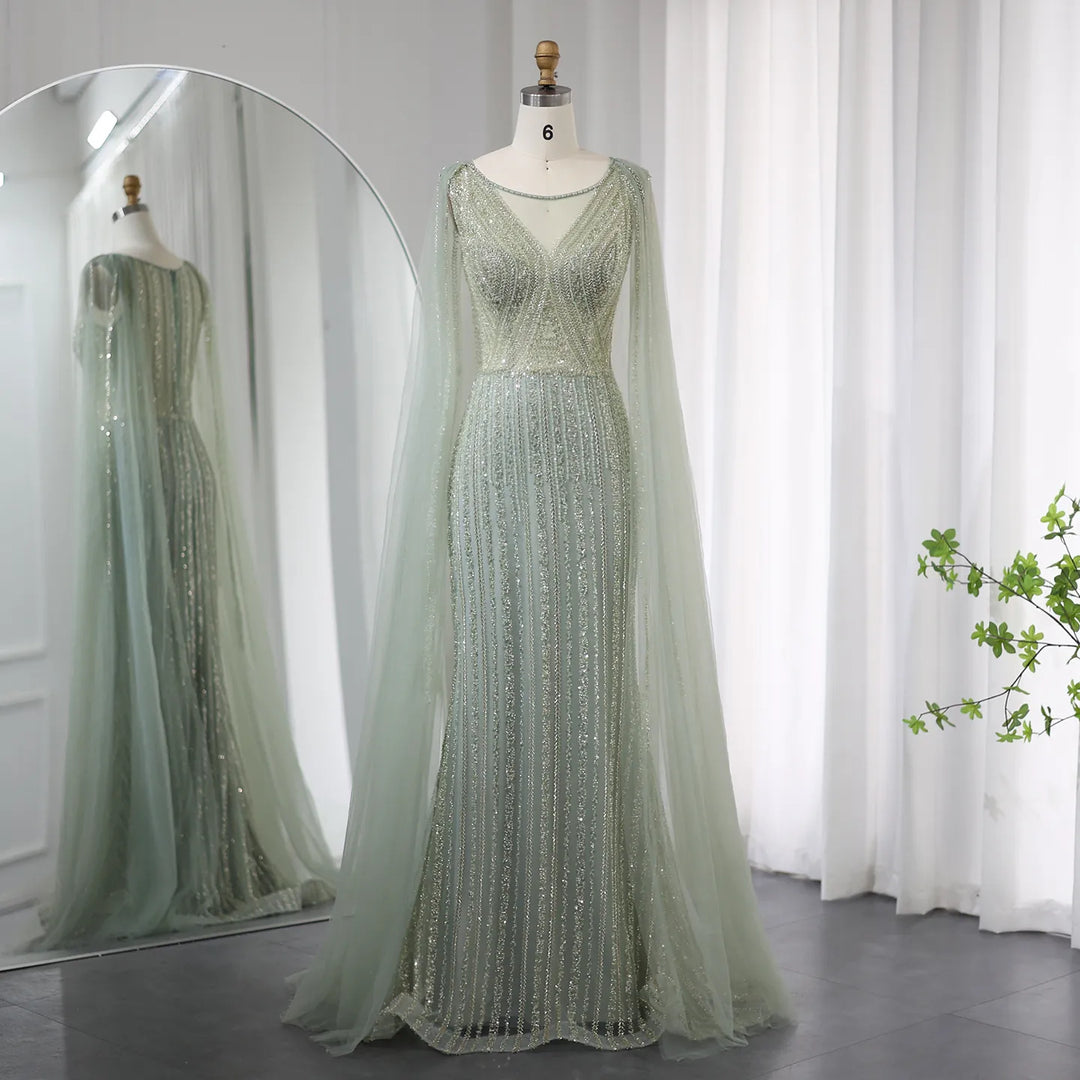 Dreamy Vow Saudi Arabia Sage Green Long Evening Dress with Cape Sleeves Luxury Plus Size Women Wedding Formal Party Gowns SS086