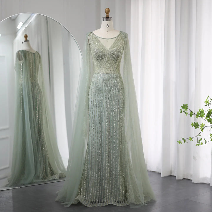 فستان سهرة طويل أخضر اللون من Dreamy Vow بالمملكة العربية السعودية مع أكمام كيب فاخر مقاس كبير للنساء لحفلات الزفاف الرسمية SS086 
