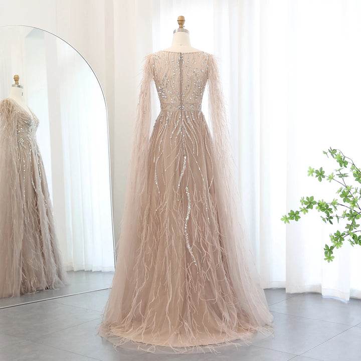 Dreamy Vow Luxury Feathers Nude A-line Evening Dresses with Cape Sleeves V-Neck Lilac Arabic Women Wedding Party Dress SS186