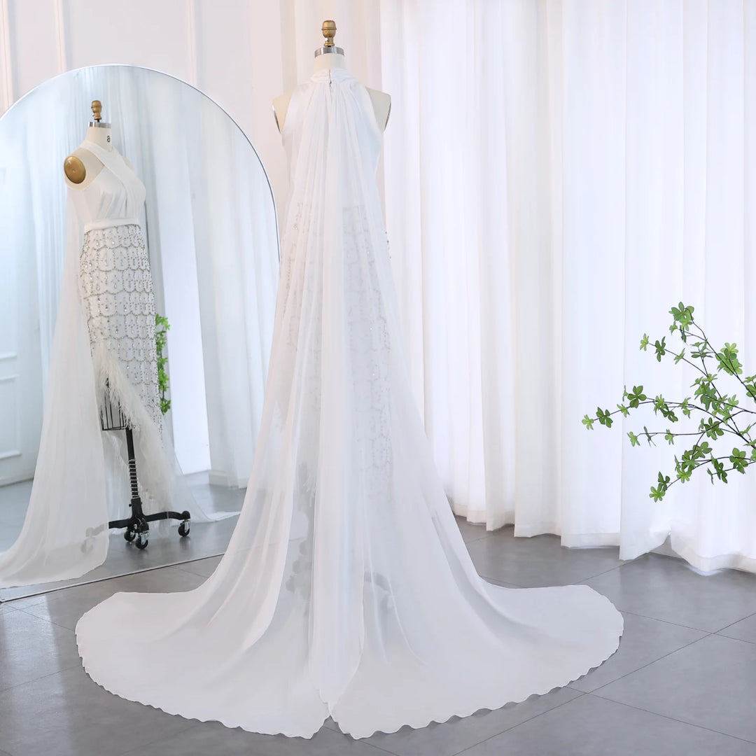 Dreamy Vow Luxury Dubai Feather White Mermaid Evening Dress with Cape Halter 2024 Arabic Women Wedding Prom Party Gowns SS350
