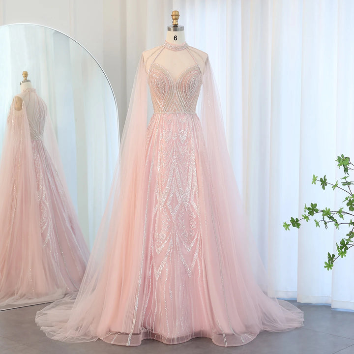 Dreamy Vow Luxury Dubai A-line Blue Evening Dress with Cape Sleeves Elegant Pink Yellow Plus Size for Women Wedding Party SS090