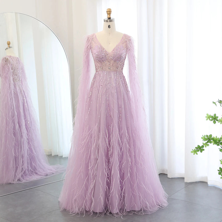 Dreamy Vow Luxury Feathers Nude A-line Evening Dresses with Cape Sleeves V-Neck Lilac Arabic Women Wedding Party Dress SS186