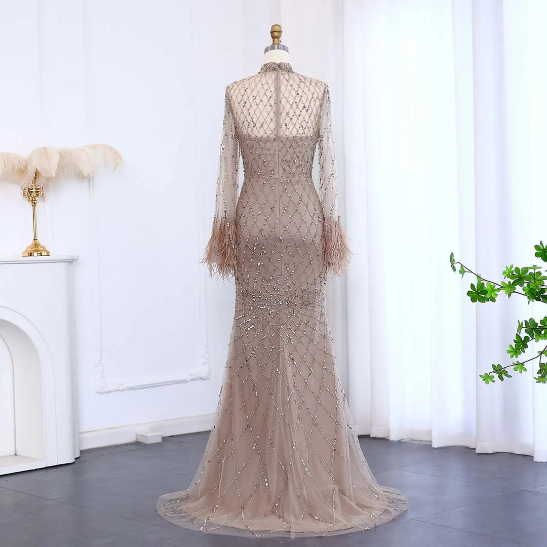 Luxury Beaded Feathers Sage Green Evening Dress Long Sleeves SS144