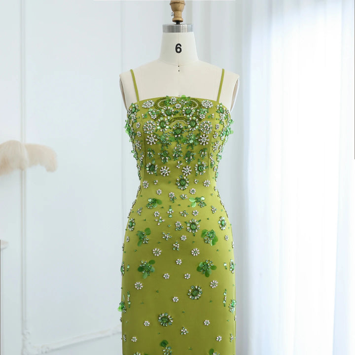 Dreamy Vow Luxury 3D Floral Beaded Short Green Evening Dress Spaghetti Straps Sheath Midi Women Wedding Party Gowns SS233