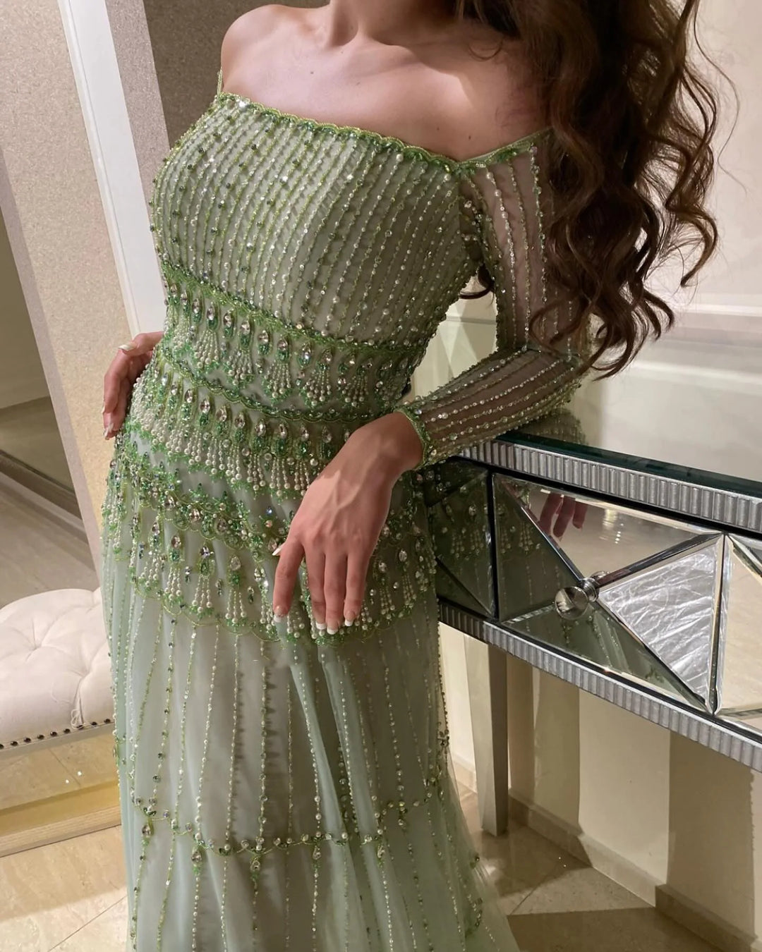 Dreamy Vow Elegant Off Shoulder Sage Green Evening Dress SS588