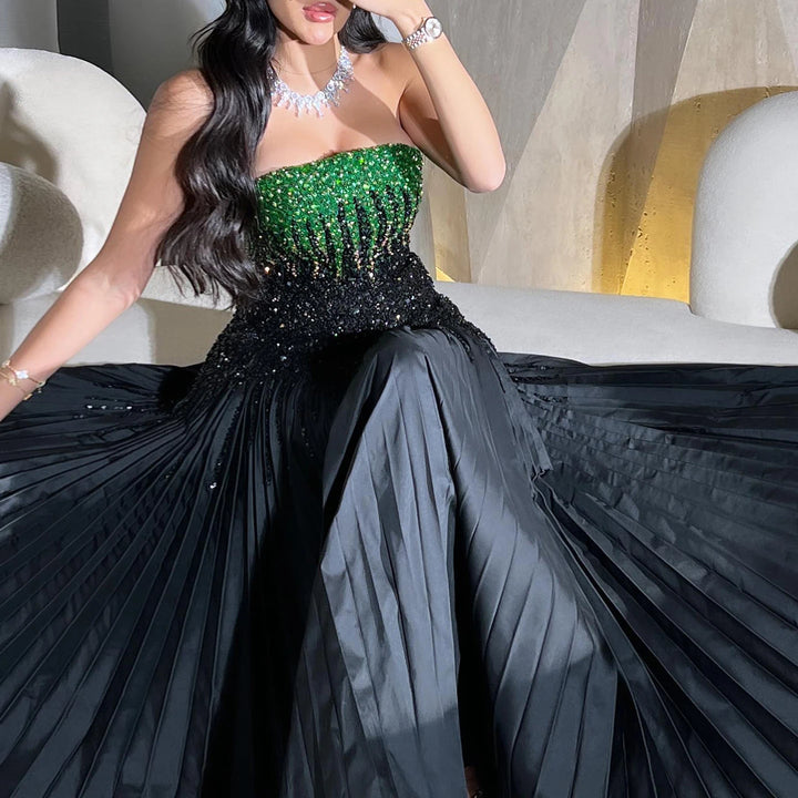 Dreamy Vow Luxury Beaded Black Green Strapless Dubai Evening Dress for Women Wedding 2024 Elegant Midi Formal Party Gowns SS224