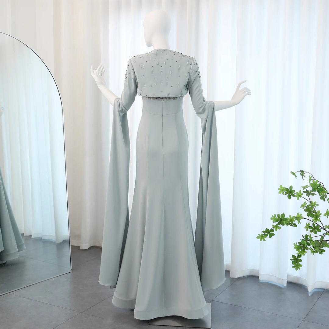 Dreamy Vow Saudi Arabia Sage Green Mermaid Evening Dress with Cape Sleeves Luxury Beaded Dubai Women Wedding Party Gowns SS424