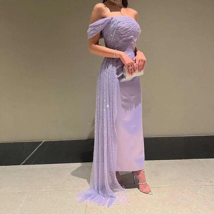 Dreamy Vow Elegant Off Shoulder Lilac Arabic Evening Dress with Overskirt Beaded Dubai Women Wedding Guest Party Gowns SS340