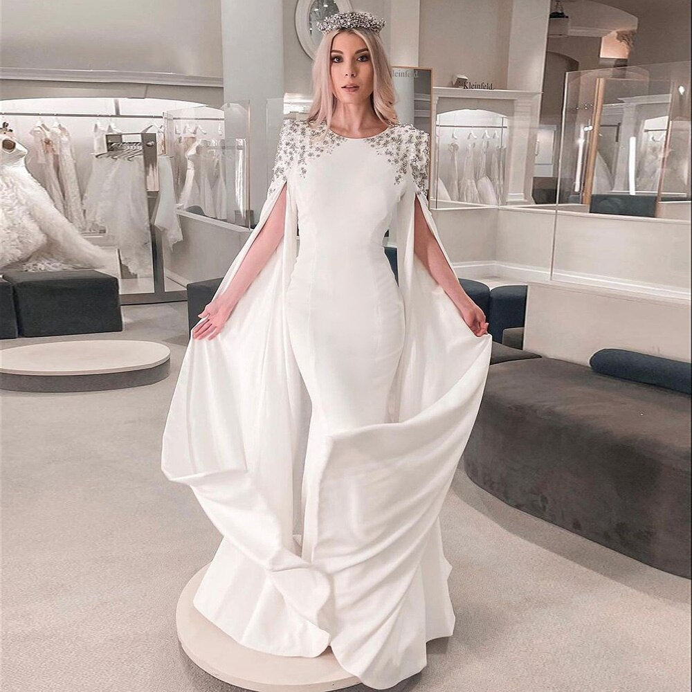 DreamyVow Elegant White Mermaid Dubai Evening Dress for Women Wedding Party Cape Sleeves Muslim Long Formal Dresses 200