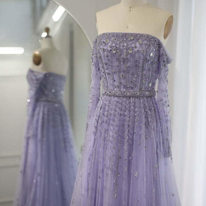 Dreamy Vow Luxury Dubai Nude Evening Dress 2023 Elegant Off Shoulder Long Sleeves Arabic Lilac Women Wedding Pary Gowns 489