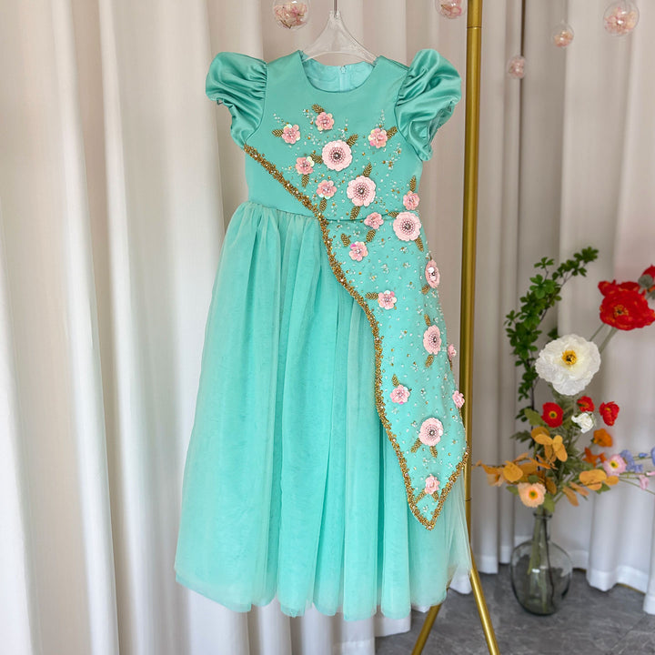 DreamyVow Luxury Turquoise Girl Dress Beadeds Arabic Nika Princess Kids J143