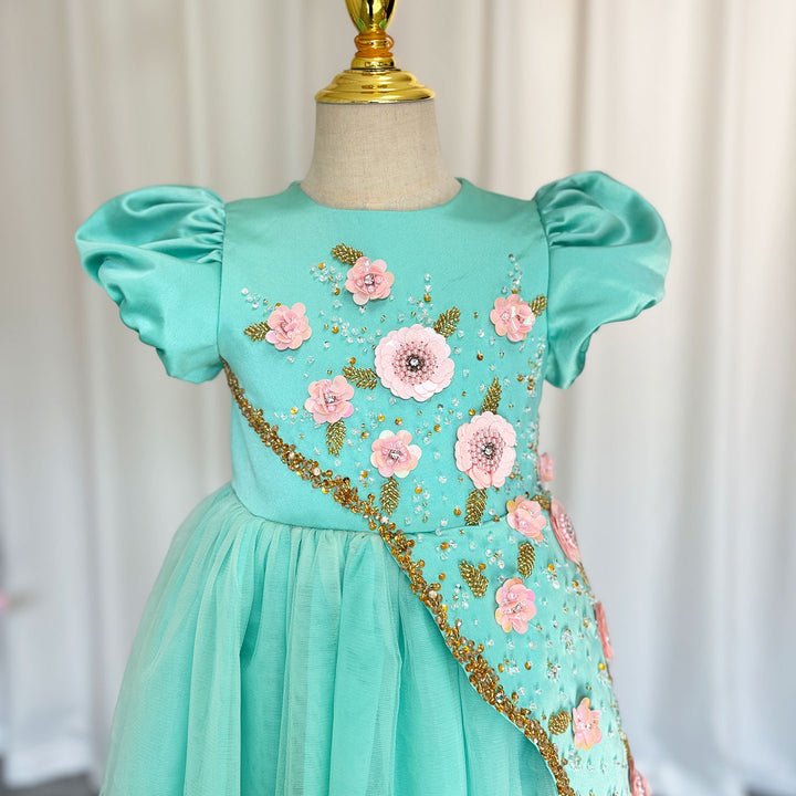 DreamyVow Luxury Turquoise Girl Dress Beadeds Arabic Nika Princess Kids J143