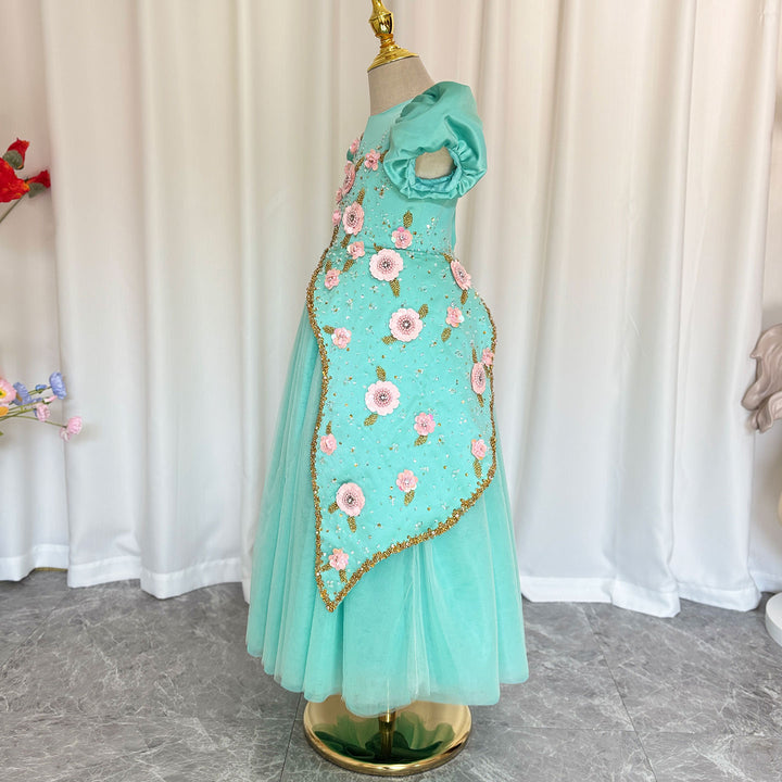 DreamyVow Luxury Turquoise Girl Dress Beadeds Arabic Nika Princess Kids J143