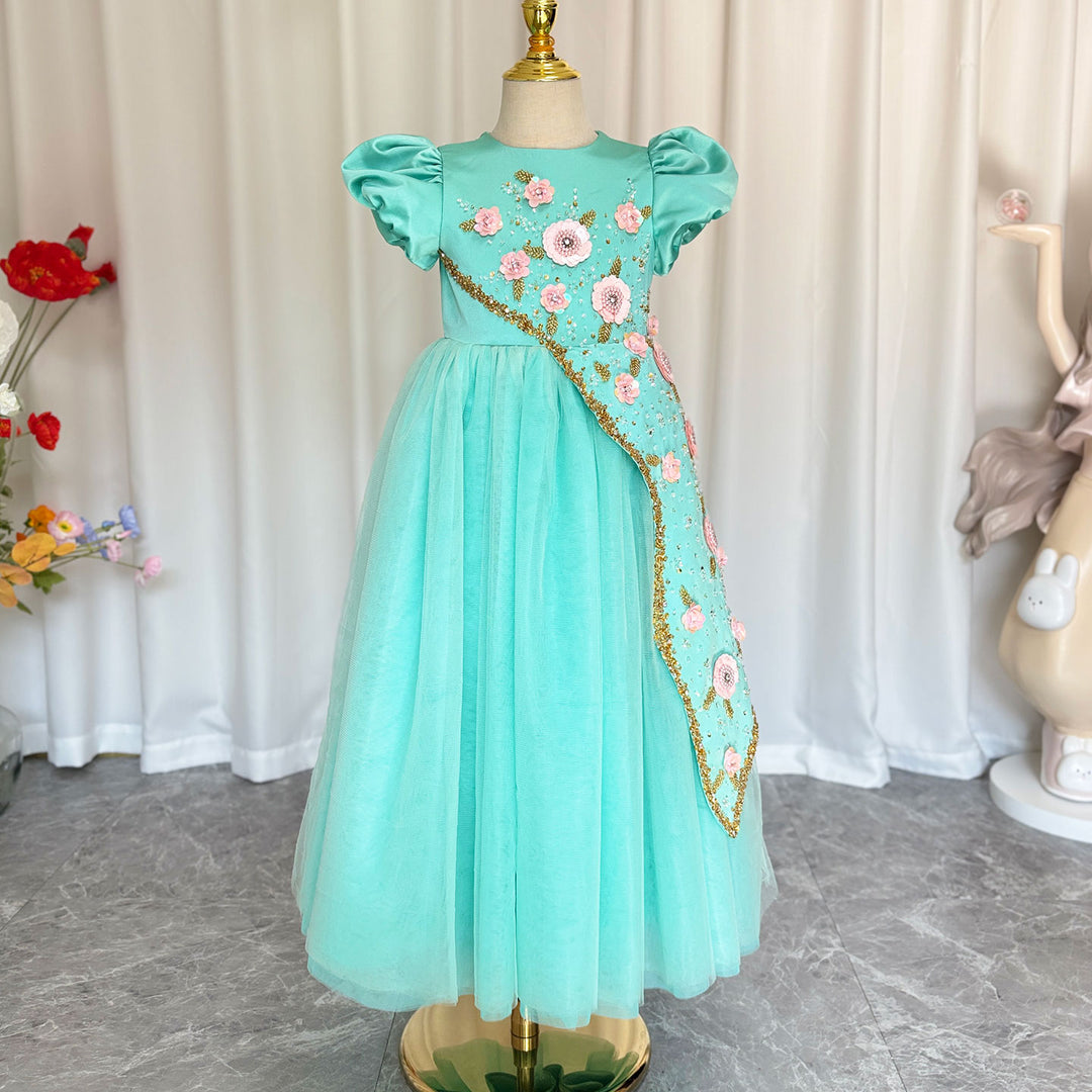 DreamyVow Luxury Turquoise Girl Dress Beadeds Arabic Nika Princess Kids J143