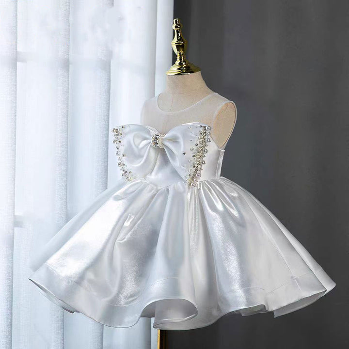 DreamyVow White Satin Girl Birthday Dress with Pearls J341