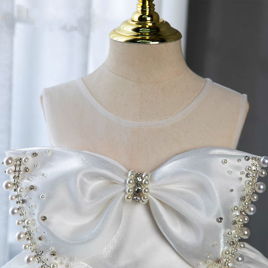 DreamyVow White Satin Girl Birthday Dress with Pearls J341