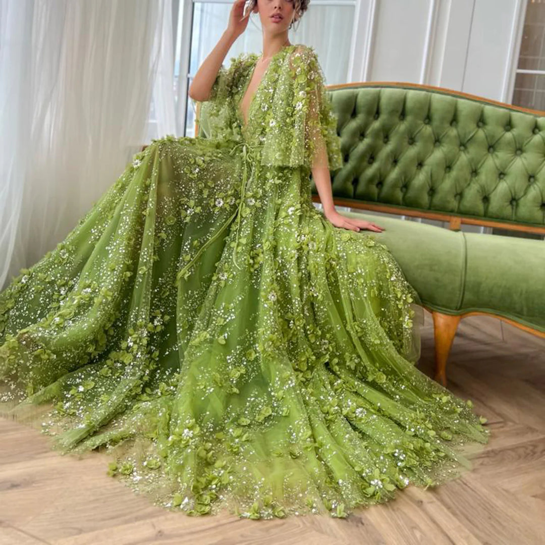 Dreamy Vow Sexy Plunging V-neck Green 3D Embroidered Flowers Evening Dress for Women Wedding Party Gowns SS354