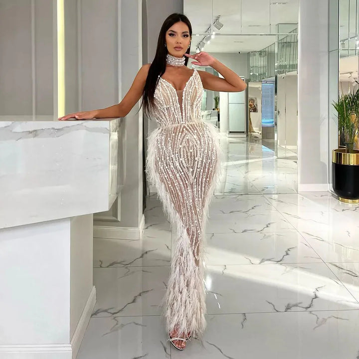 Luxury Feather Nude Mermaid Spaghetti Evening Dress with Cape SS185