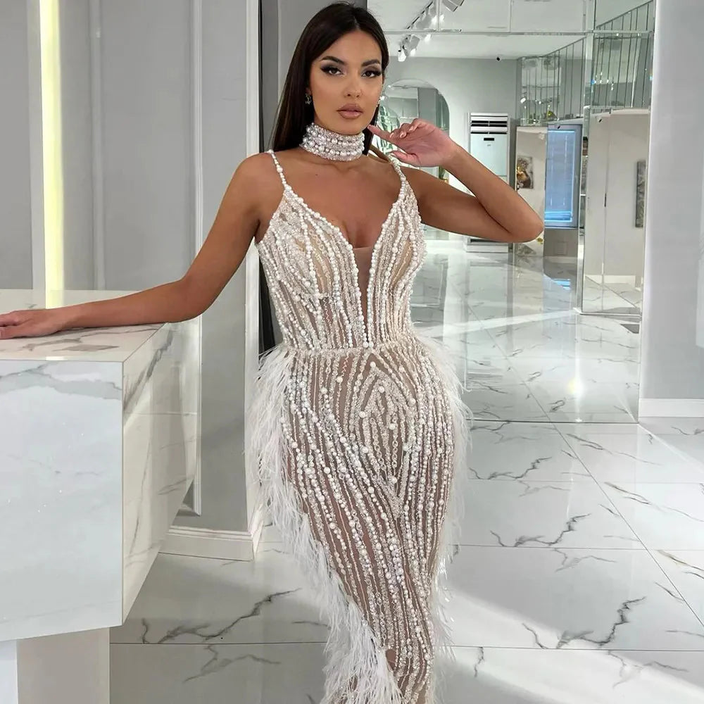 Luxury Feather Nude Mermaid Spaghetti Evening Dress with Cape SS185