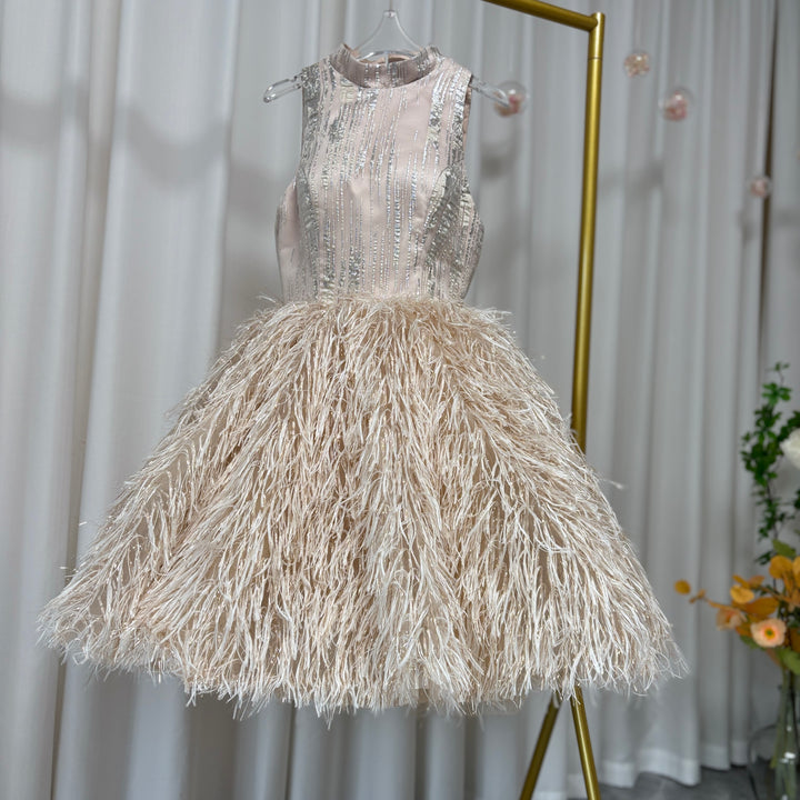 DreamyVow Luxury Champagne Girl Dress Feathers Dubai Kids Pink J323