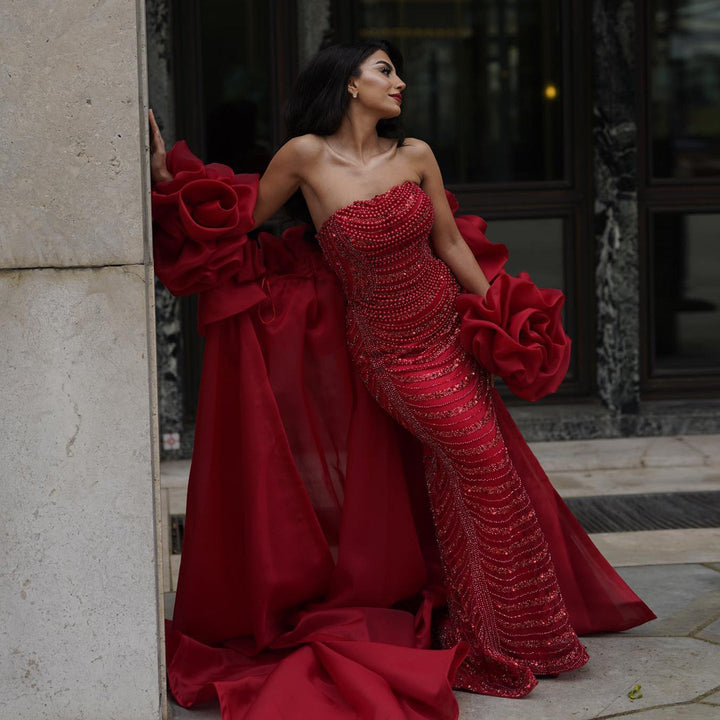 Dreamy Vow Luxury Pearl Red Evening Dress with 3D Flowers Cape SS585