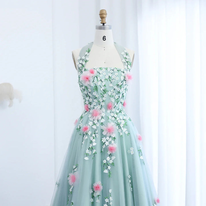 Dreamy Vow Arab Chic 3D Flowers Halter Aqua Evening Dress SS219