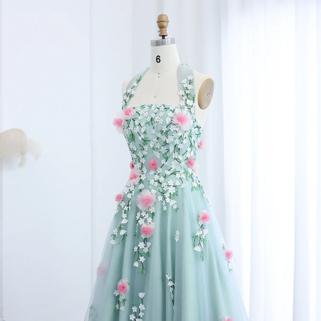 Dreamy Vow Arab Chic 3D Flowers Halter Aqua Evening Dress SS219