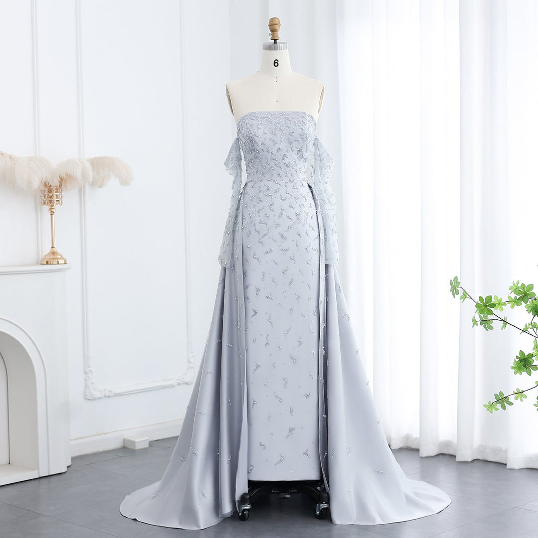 Dreamy Vow Arab Dubai Evening Dress Silver Gray with Overskirt Woman Wedding Party Prom Formal Gowns SS484-DreamyVow