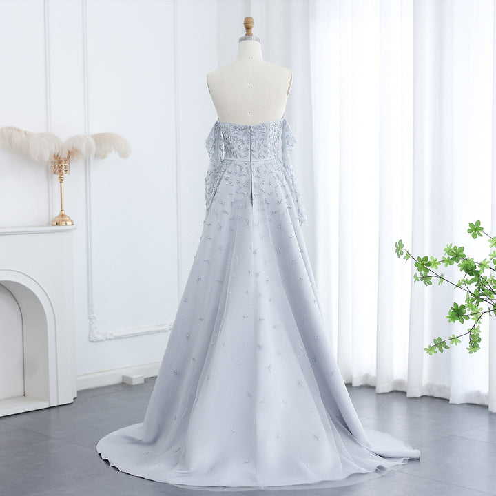 Dreamy Vow Arab Dubai Evening Dress Silver Gray with Overskirt Woman Wedding Party Prom Formal Gowns SS484-DreamyVow