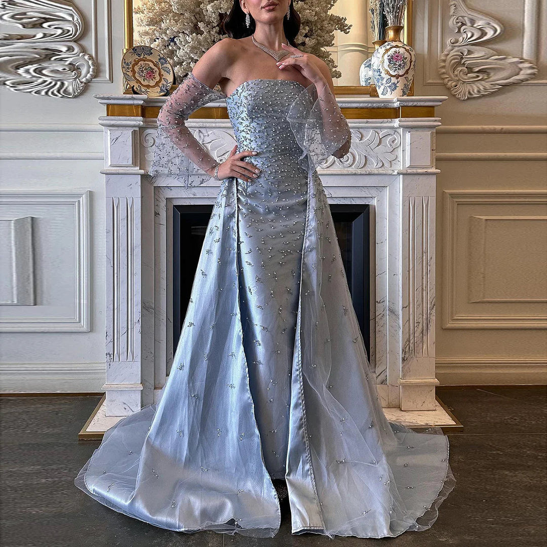 Dreamy Vow Arab Dubai Evening Dress Silver Gray with Overskirt Woman Wedding Party Prom Formal Gowns SS484-DreamyVow